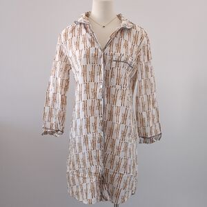 Women's White and Brown Pajama Shirt With Ski Print